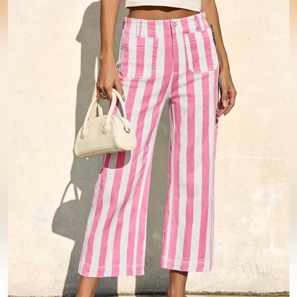 Pink & White Striped Cropped Wide-Leg Pants NWT